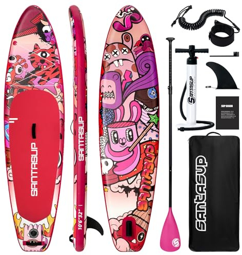 SantasupAufblasbares Stand Up Paddle Board 320/335cm Surfbrett SUP Komplettes Paddleboard Zubehör Verstellbares Paddel,Pumpe und Komplettes Zubehör SUP Board Set für Jugen und Erwachsene
