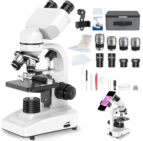 Binokulares Mikroskop, 40X-1000X, Lineal verschieben, 4 Objektivlinsen, Grober und feiner Fokus, mit WF 10X/25X Okulare, Zubehör, Transportkoffer