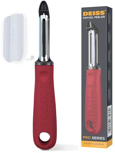Deiss PRO Swivel Gemüseschäler - Scharfer Edelstahlschäler mit einfachem, rutschfestem Griff, Kartoffelschäler für die Küche, Obst, Karotte, Apfel, Gemüse, Kiwi, langlebig und spülmaschinenfest (RED)