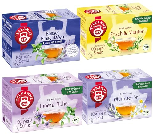 Teekanne Schlaf 4er Set Bundle – Gute Nacht Tee Bio – Einschlafen mit Melatonin, Innere Ruhe, Träum Schön & Frisch & Munter – Beruhigungstee mit Lavendel, Melisse & Zitronengras, 72 Teebeutel