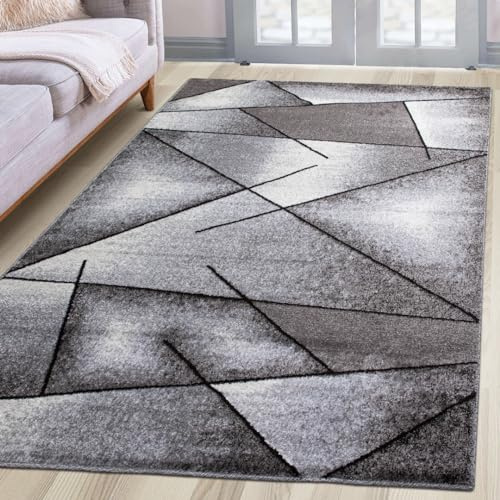 oKu-Tex Teppich Wohnzimmerteppich [120x170 cm] weicher Kurzflor grau meliert - Grauer Teppich für das Wohnzimmer - Carpet Living Room - Modernes geometrisches Design - Deutsche Marke
