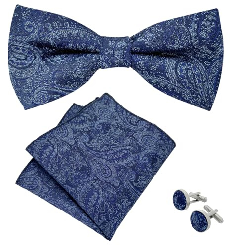 VLYX Herren-Fliege und Einstecktuch-Set mit Manschettenknöpfen - Paisley Jacquard vorgebundene Fliege und Taschentuch, formelle Accessoires