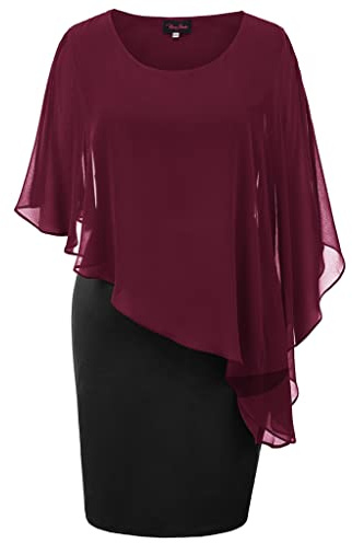 Hanna Nikole Damen Elegante Pencil Kleid Unifarben Midikleid Weinrot + Schwarz XL Große Größen