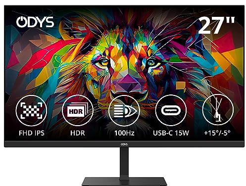 ODYS i27 Monitor - 27-Zoll-Bildschirm im rahmenlosen Design, Full HD, 100 Hz, mit HDR, IPS Panel, FreeSync, HDMI, USB-C, 3,5mm Audio