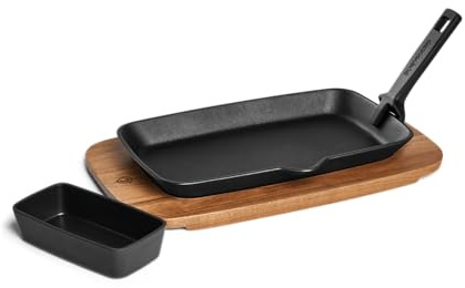 BURNHARD® Fajita-Pfanne aus Gusseisen mit Servierbrett aus Akazienholz & Dipschale 28,8 x 17,5 x 3 cm