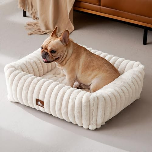 Upvilla Luxus Hundebett,4-seitiges Hundesofa,waschbarer Hundekorb,M Beige | Superweiches Kaninchen-Kunstfell-Bezug, dick aufgefüllte Stützpolsterung, integrierter Tragegriff, Kleintierbett, Katzenbett