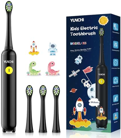 YUNCHI Elektrische Zahnbürste Kinder mit Minuten-Timer, Kinderzahnbürste ab 3-6-10-12 Jahre IPX7 Wasserdicht Electric Toothbrush weiche Borsten mit 4 weiche Ersatzbürsten (Schwarz)