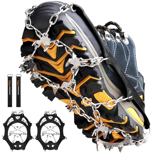 Crampons Ice Cleats Traction Snow Grips for Boots Shoes Women Men Kids Anti Slip 19 Stainless Steel Spikes Safe Protect for Hiking Fishing Walking Climbing Mountaineering (Black, X-Large)