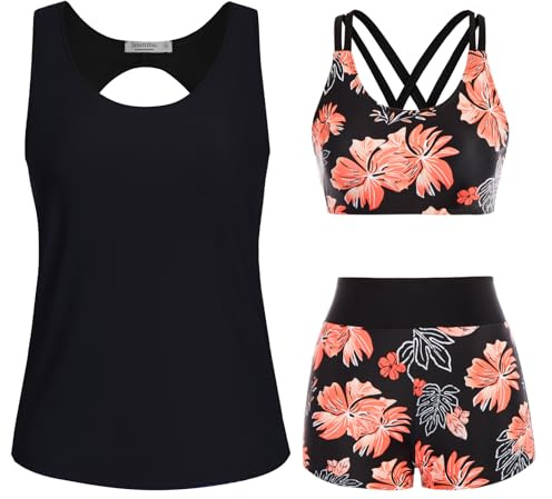 JASAMBAC 3-teiliger Tankini Damen Bauchweg, Push-up-Bikinioberteil und High Waist Badeshorts, einfache Badebekleidung, Damen-Sport-Badeanzug, Bademode für Schwimmbad, Strand