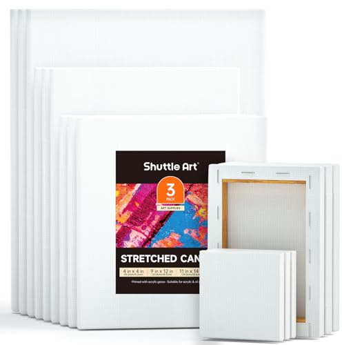Shuttle Art 15 Leinwand auf Keilrahmen, 100% Baumwolle, Multipackung | 10x10, 13x18, 20x25, 23x30, 28x36cm je 3 Stück, weiße Leinwände zum Bemalen, für Öl-, Gouache-, Acrylfarben geeignet