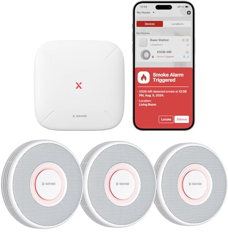 X-Sense Smarter Rauchmelder WLAN mit Sprachausgabe und 17 Standorten, Feuermelder, Rauchmelder vernetzt, 33 mm, Brandmelder mit SBS50 Basisstation, XS0B-MR31, 3 Stück