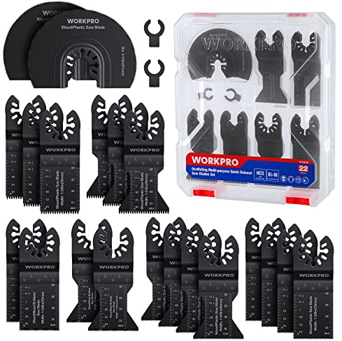 WORKPRO Multitool Sägeblätter Set 22tlg., Universelles Multitool Zubehör für oszillierende Werkzeuge, Oszillierende Sägeblätter Kit aus Kohlenstoffstahl, Schneiden von Holz, Nägeln, Metall