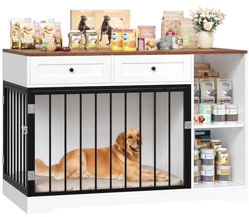 FirFurd Hundekäfig Möbel 120cm breit Hundebox für Zuhause Hundehütte Hundezwinger Hundekäfig aus Metall und Holz Hundebox mit 2 Schubladen 120 x 87 x 60 cm Braun & Weiß