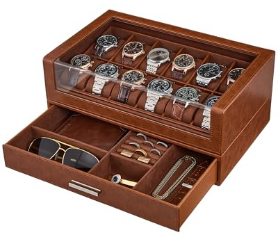 ProCase 12 Slots Uhrenbox mit klarem Deckel, PU Leder Men’s Watch Box Uhrenkasten mit Schublade, Uhrenaufbewahrung Uhrenkoffer für Herrn -Braun