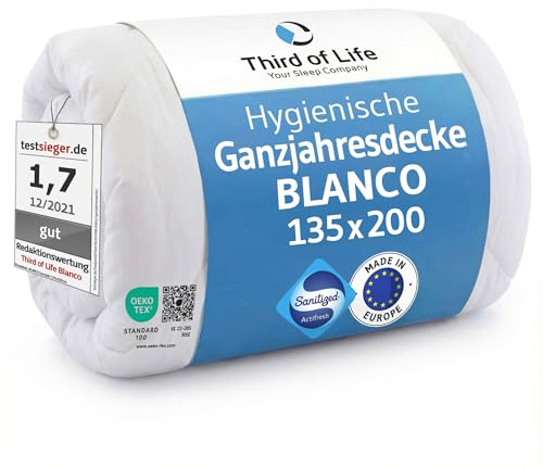 Bettdecke 135x200 mit Hygieneschutz & weicher Veredelung, Nachhaltige Ganzjahresdecke Blanco, Atmungsaktive Hohlfaser, Feuchtigkeitsregulierende Steppdecke, Warme 135 x 200 Blanket für Allergiker
