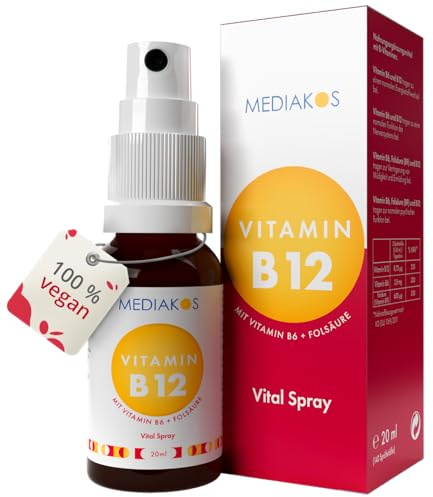 Vitamin B12 + B6 Spray mit 600µg Folsäure (B9) - Hochdosiert & Vegan - B 12 Vitamin Präparat mit Methylcobalamin - Vital Spray mit Apfel-Geschmack (20 ml)