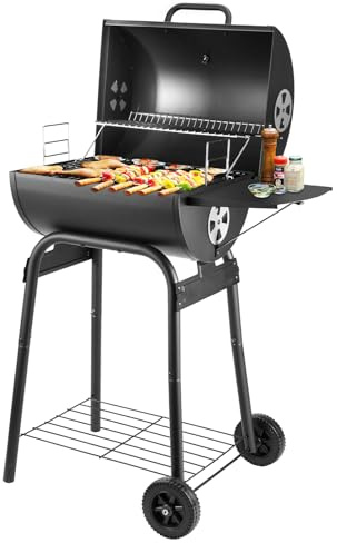 Holzkohlegrill - Holzkohle Grillwagen mit Deckel | Smoker Grill Griff, Grillrost und Thermometer, Holzkohlegrill groß, Holzkohles Kohlegrill BBQ Grill Gartengrill Holzkohle Schwarz