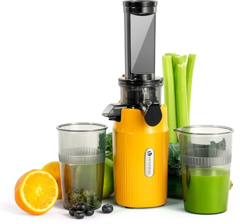 Ventray Ginnie Entsafter | Slow Juicer mit 60 U/min | 45mm Öffnung | Rückwärts Funktion und Zwei Filtergrößen | BPA Freie | 100 Watt | Leicht zu Reinigen & Leiser | Schlankes Design | 400ml, Gelb