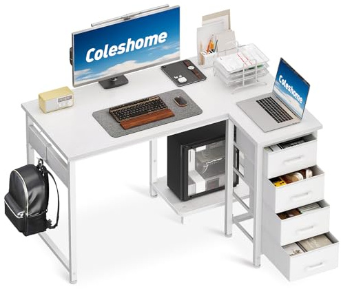 Coleshome Eckschreibtisch, 100x70cm Schreibtisch L Form mit 4 Schubladen, Umkehrbarer Computertisch for Büro Arbeitszimmer Schlafzimmer, Weiß