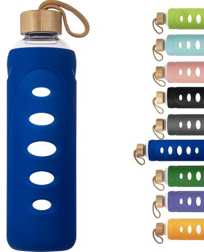 Ferexer Sport Glas Trinkflasche 1000ml / 1 Liter, Borosilikatglas Wasserflasche mit Silikonhülle und Einzigartigem Deckel