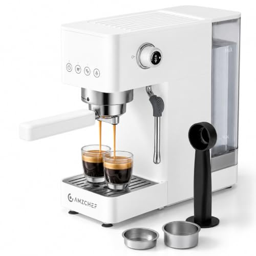AMZCHEF Siebträgermaschine, 20 Bar, kompakt, Weiß, 1350W | 1,5L Wassertank, LED-Display und Edelstahl-Dampfstab für Espresso, Cappuccino & Latte zu Hause