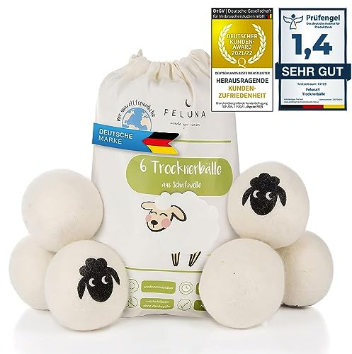 Feluna® Öko Trockner-Bälle XXL 6er Set 100% Schafswolle für Wäschetrockner - Natürlicher Weichspüler Waschbälle für Daunenen, Baumwolle und vieles mehr