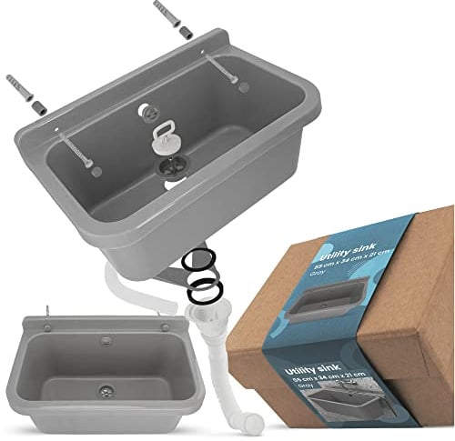 Waschbecken Spülbecken Ausgussbecken Waschtrog Becken 55x34x21cm Grau Gewerbe Waschraum Garten Garage Keller Werkstatt Waschküche Waschtisch Außenwaschbecken Gartenwaschbecken