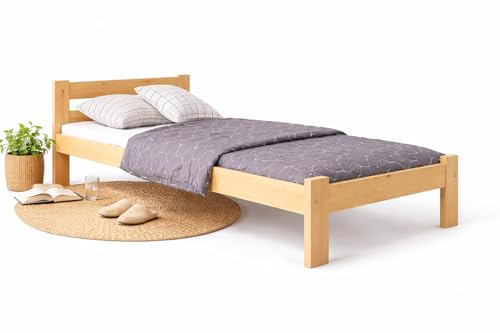 All4All Massivholzbett Tom 90x200 cm aus Kiefer – Bettgestell mit Lattenrost – stabiles Einzelbett Naturholz – ideal für Schlafzimmer, Gästezimmer & Kinderzimmer - Bett - Holzbett