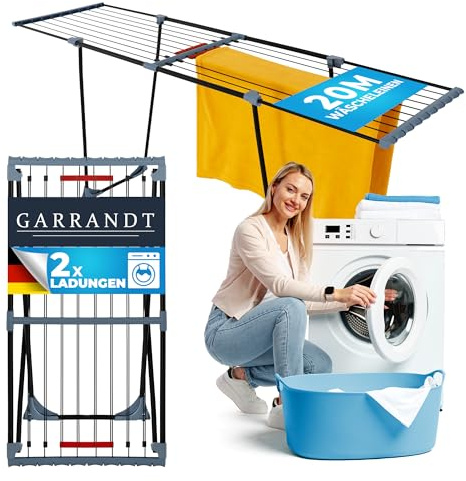 Garrandt® Wäscheständer ausziehbar – XXL 20 m Trockenfläche, platzsparender Standtrockner [Made in EU], stabil & schwarz mit Klemmen für kleine Wäsche