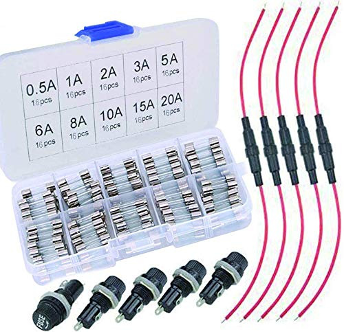 VISSQH 160 pcs 5x20mm glassicherung+5 x 20 mm AGC-Sicherungshalter+5 xPlattenmontage Sicherungshalter, Glasrohr-Sicherung Kit(0.5A 1A 2A 3A 5A 6A 8A 10A 15A 20A)
