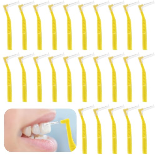 Prasacco 25 Stück Interdentalbürsten, 0,6 mm L-Förmige Zahnzwischenraumbürsten Plastik Tragbarer Interdentalbürsten mit rutschfestem Griff für Zahnreinigung und Mundpflege (Gelb)