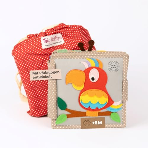 Jolly Designs Mini Quiet Book Schillernder Papagei – Montessori Spielzeug ab 6 Monaten – Fühlbuch & Busy Book ohne lose Teile – Stoffbuch & Motorikspielzeug aus Filz – Lernspielzeug für Babys