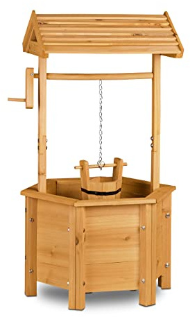 Relaxdays Dekobrunnen Garten Holz, Rolle, Eimer, HxBxT: 82 x 47 x 41 cm, Zierbrunnen, Gartendeko, Holzbrunnen, natur