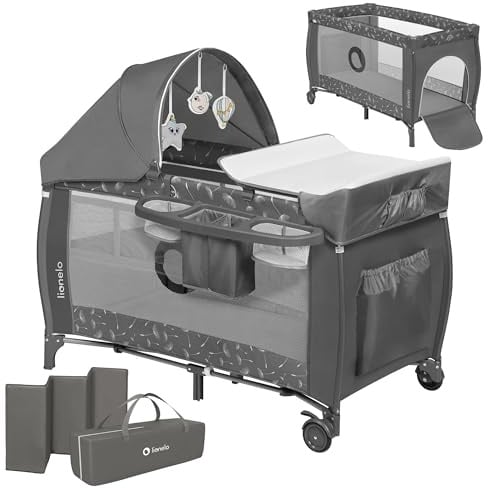 Lionelo Sven Plus 4 in 1 Baby Bett Baby ab Geburt bis 15 kg Wickelauflage Moskitonetz luftige Seitenwände mit Seiteneingang Tragetasche zusammenklappbar