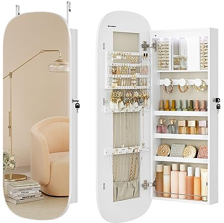 SONGMICS Schmuckschrank, Spiegelschrank, Schmuck-Organizer mit LED-Beleuchtung, abschließbar, Wandschrank mit Spiegel, für Ohrring, Halskette, Oberfläche in Weiß, Innenfutter in Greige JJC026W01