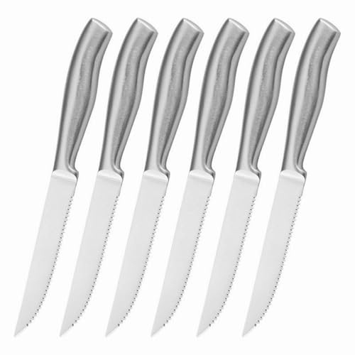 Steakmesser Set 6-teilig aus Edelstahl - Nahtlos aus einem Stück geschmiedet - Extra Scharfe Fleischmesser mit Wellenschliff (12cm) - Rostfrei & Spülmaschinenfest - Monoblock