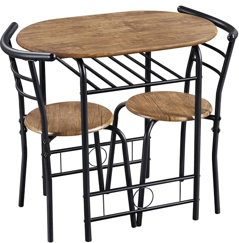 Yaheetech Essgruppe für 2 Personen, 1 Esstisch mit 2 Stühle, Küchentisch mit Ablagefach, Stahlgestell Tischgruppe für Küche, Wohnzimmer, Balkon, Restaurant, 80 x 53 x 75,5 cm, Braun