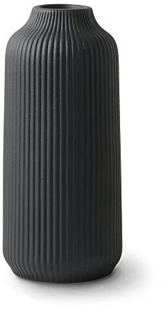 flature Keramik Vase mit Rillen - für Pampasgras als Boho Deko, kleine Vase Schwarz Matt 21cm hoch für Flowers, Wohnungsdeko für frische Blumen, Trockenblumen, Esstisch, Büro (Gr.M)