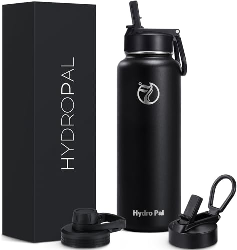 HydroPal Edelstahl-Isolierflasche, 750 ml/1 l/1,2 l, 2 Deckel | BPA-frei, 24h Kälteschutz & 12h Wärmeschutz, auslaufsicher, Trinkhalm- und Trinkaufsatz-Deckel