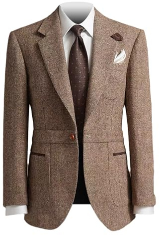 RAJEGAR Herren Tweed-Jacke, Sportblazer, schmal, Retro, gekerbtes Revers, Wollmischung, British Norfolk, Ein-Knopf-Jacke, Patch am Ellenbogen