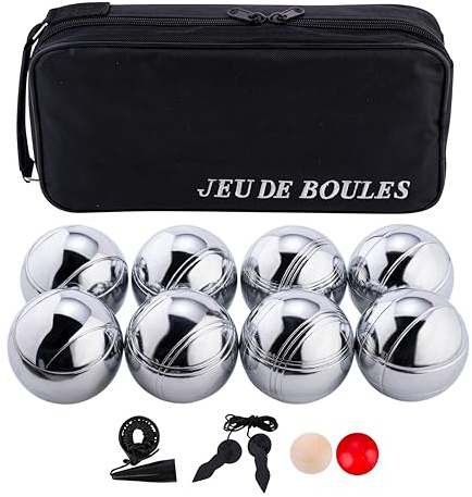 8-teilige Metall Boule Kugeln Set mit Tasche, Magnet, Distanzmesser & Holz-Cochonnet – Boccia / Botcha Spiel für Kinder & Familien - Petanque, Jeu de Boules, Cross Boule, Boßelkugel-Set - 010203