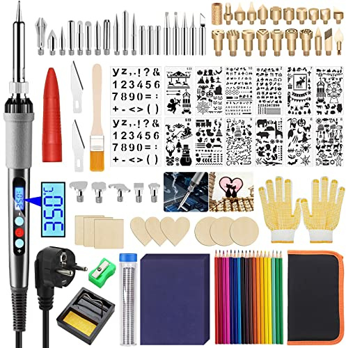 TWBEST Brandmalerei-Set, 80 W, Holz, elektrisch, Lötkolben, Set mit 108 Teilen, Brandmalerei auf Holz mit LCD-Display, einstellbare Temperatur, Halterung zum Löten, für elektrische Reparaturen