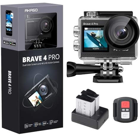 AKASO Action Cam 4K 20MP WiFi 40M Unterwasserkamera Ultra HD Touchscreen 170 ° Einstellbar Weitwinkel, EIS Stabilisierung, 5X Zoom, 2.4G Fernbedienung und 2 Akkus 1350mAh- Brave 4 Pro (Grau)