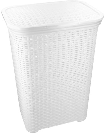 HRB Wäschekorb mit Deckel Rattan 65 Liter, Wäscheaufbewahrung aus Kunststoff, Wäsche Sortierer (Weiß)