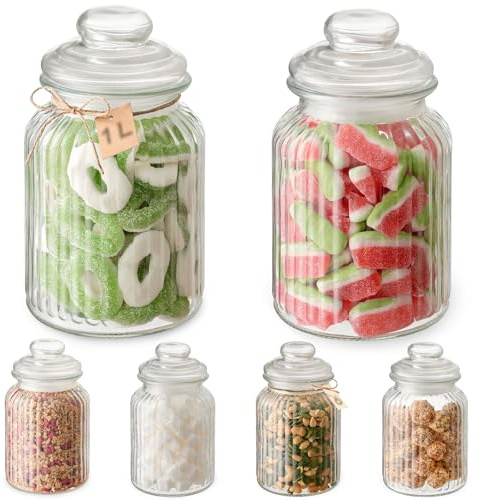 Praknu 6er Set Bonbongläser 1 L – Candy Bar – Vorratsgläser mit Deckel Groß | Vintage-Design mit Etiketten, spülmaschinenfest, für Süßigkeiten & Kekse, Hochzeit, Party & Küche, 6x 1 Liter