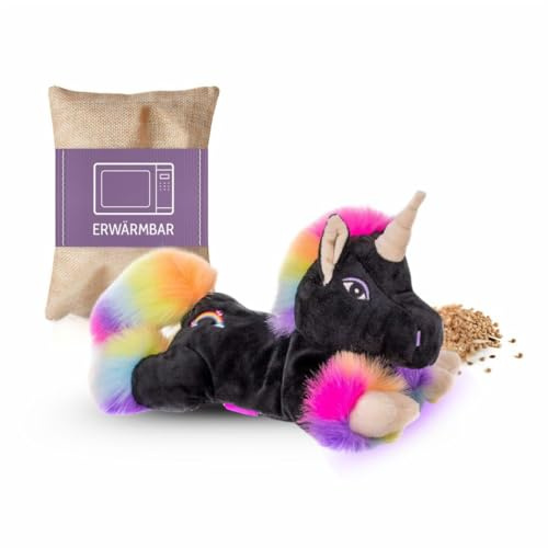 Habibi Premium Wärmekissen/Stofftier f. Kinder u. Erwachsene - 1848 Einhorn Black Rainbow, herausnehmbare Hirsefüllung - Wärmekuscheltier zum Erwärmen in der Mikrowelle/Backofen, ideal auch für Babys