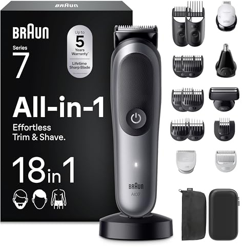 Braun Multigroom All-in-One Series 7, 18-in-1 Trimmer, AIO7585, Grau | Barttrimmer, Nasenhaartrimmer, Haarschneidemaschine für Gesicht, Kopf Und Körper, 14 Längen, 120 Min. Akku, Wasserdicht