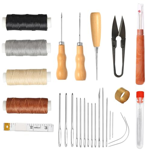 Ledernähset mit 4 Rollen Ledergarn & Metallwerkzeugen – Praktisches Sattlernadel-Set mit Schere,Maßband,Fingerhut für Reparaturen,Für Polstermöbel, Schuhe, Sattel, Taschen