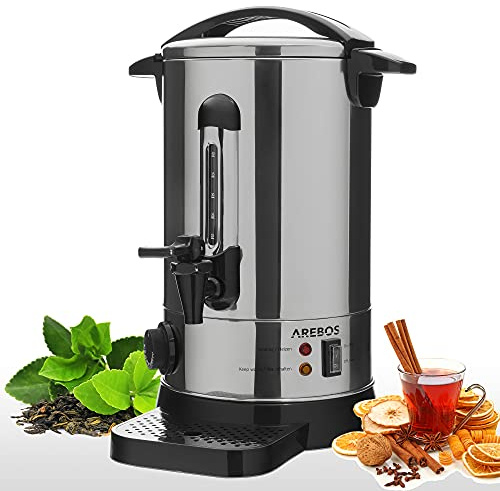 Arebos Glühweinkocher Edelstahl | 8,8 Liter | 950 W | mit Auslasshahn | Kinderpunsch, Getränkespender, Glühweintopf, Punschkocher, Thermostat, Temperatureinstellung 30-110 °C, Feuerzangenbowle
