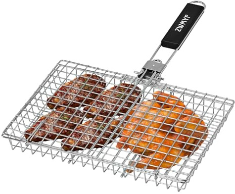 ZWMYF Robuster Edelstahl-Grillkorb für Camping & BBQ – Faltbarer, tragbarer Grillrost mit abnehmbarem Griff – Antihaft-Netz für Fisch, Gemüse, Garnelen, Burger & mehr